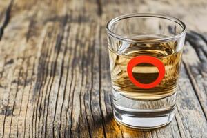Small shot glass of amber liquid on wooden table photo