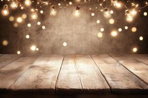 Rustic wooden table with warm string lights photo