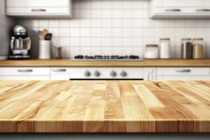 A kitchen with a wooden table in the middle photo