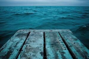 Tranquil wooden dock over restless sea photo