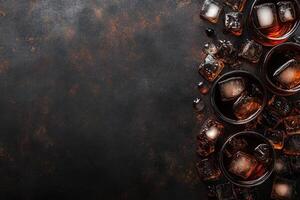 Dark drinks with ice on a rustic surface photo