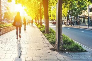 Busy city sidewalk at sunset. Pedestrians walk along a paved walkway lined with trees. Sunlight filters through the leaves, casting shadows on the ground. A city street with cars and shops is visible in the background photo