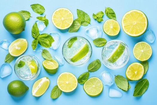 Lime, mint and lime slices in glasses on blue background photo