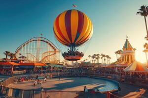 A vibrant amusement park scene with a hot air balloon, roller coaster, and colorful attractions photo