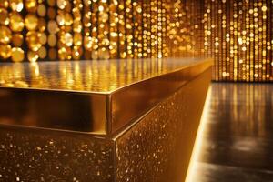 Golden reception desk with glittery surface and polished edge photo