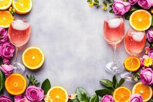 Pink wine and floral arrangement photo