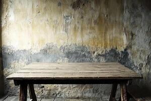 Rustic wooden table against aged wall photo