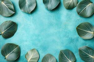 Teal backdrop framed by lush green leaves photo