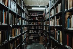Dimly lit library aisle filled with books photo