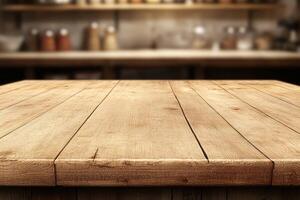 Empty wooden table top in a kitchen setting photo
