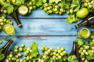 Fresh green grapes, vibrant drinks, and citrus fruits arranged on a rustic wooden surface photo