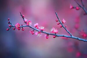 A branch of pink flowers with a blurred background photo