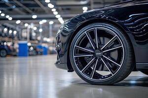 Sleek black car wheel in a modern facility photo