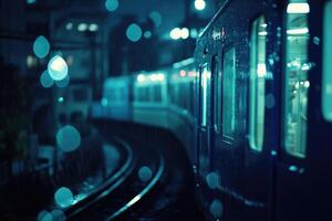 Rainy night train station. A train at a station on a rainy night. Blurred urban background photo