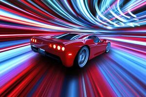Red sports car in motion through a vibrant tunnel of light trails photo