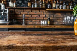 Rustic bar counter with a wooden surface photo