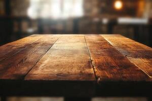 Rustic wooden table top in a cafe photo