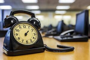 Retro telephone clock on office desk photo