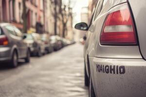 Urban street scene, parked cars, blurred background photo