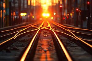 Sunset over urban railway tracks photo