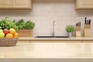 Fresh fruits and herbs on kitchen counter photo