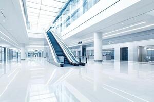 Modern, spacious interior mall hallway with escalator photo