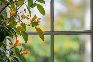 Indoor plant at window, sunlight filters through photo