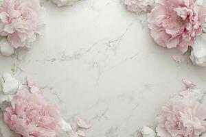 Delicate pink peonies frame a white marble surface photo