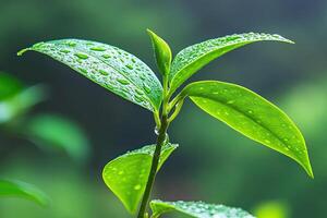 Fresh green leaves covered in morning dew photo