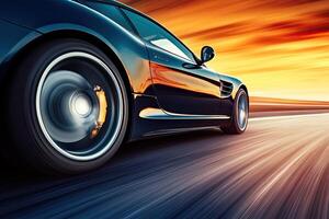 Fast car on a highway at sunset photo