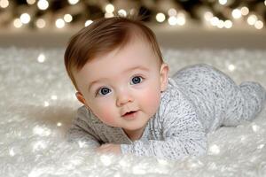 Adorable baby boy, lying on tummy, eyes and smile photo