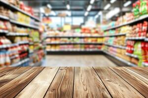 Grocery store interior with wooden surface photo