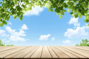 Wooden deck under a vibrant summer sky photo