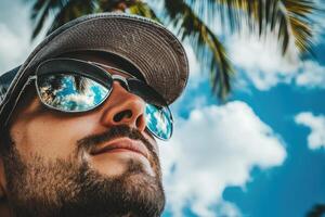 Close-up of a man wearing sunglasses and a cap, gazing at a vibrant sky photo