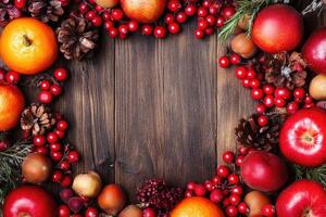 Autumnal fruit and berry wreath on rustic wood photo