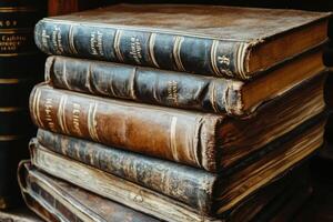 Stack of aged, leather-bound books photo