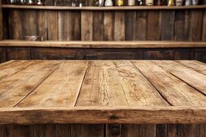 A wooden bar top with a shelf of bottles photo