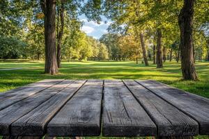 Wooden picnic table in a park photo
