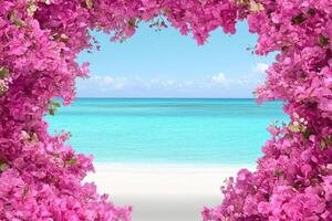 Pink flowers frame tropical beach photo