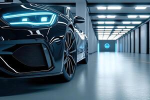 Sleek black sports car in modern garage photo