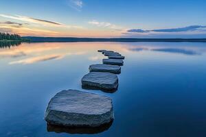 Peaceful stone path across a tranquil lake at sunset photo
