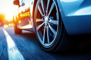 Fast car on highway at sunset photo
