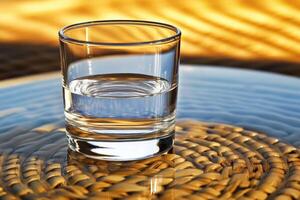 Half-full glass of water on a circular placemat photo
