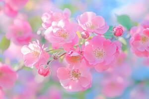 Pink flowers are blooming on a tree branch photo