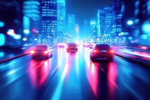 Night city street with fast-moving cars. Blurred motion creates a dynamic effect. Neon lights paint the cityscape in vibrant colors photo