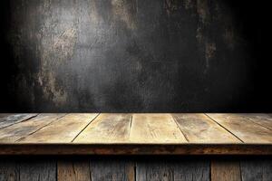 Wooden tabletop against a textured dark wall photo