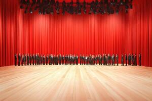 Large audience lined up before red curtain photo