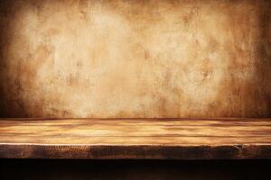 Rustic wooden shelf against a vintage backdrop photo