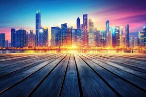 Cityscape at dusk on wooden platform photo