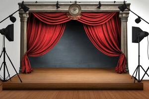 Empty stage with red curtains and ornate backdrop photo